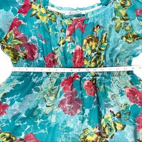 American Rag Off the Shoulder Floral Blouse Size Small Teal Green Blue - Picture 5 of 7